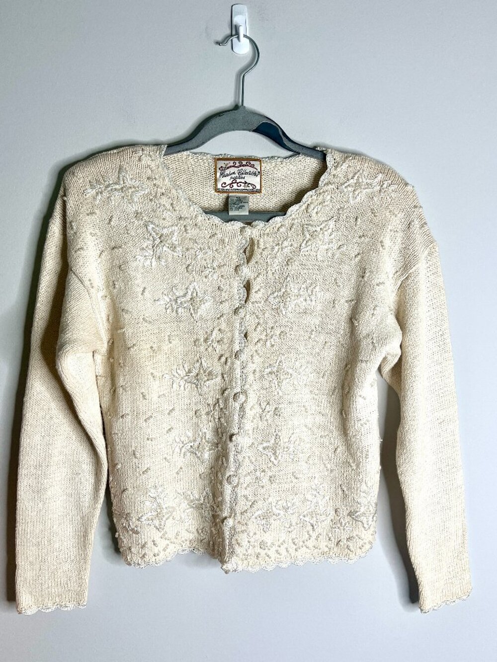 Vintage Marisa Christina Cream Hand-Knit Beaded Embroidered Cardigan Grannycore